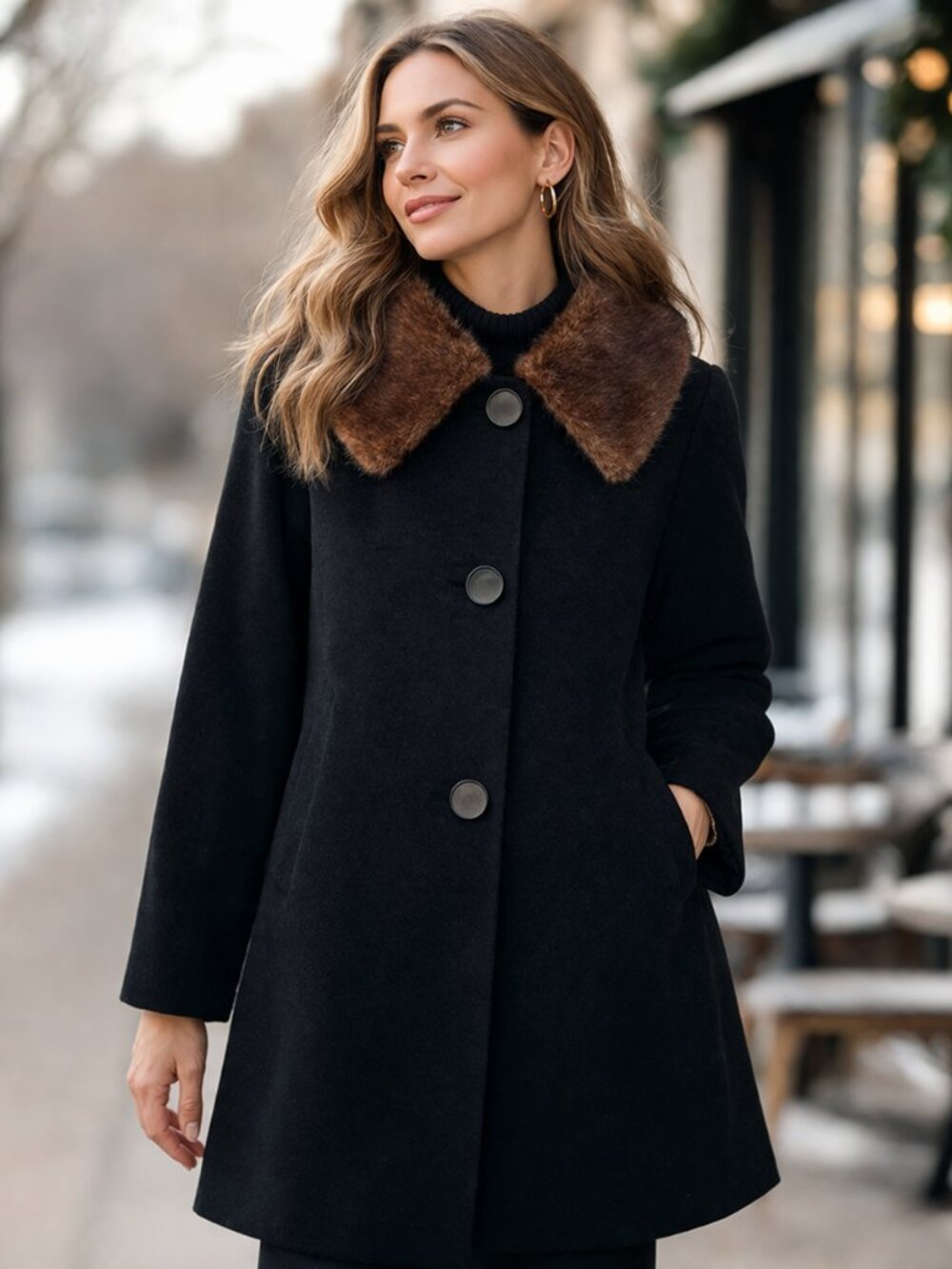 Vintage 60s Black Cashmere Coat with Brown Fur‎ Collar Statement